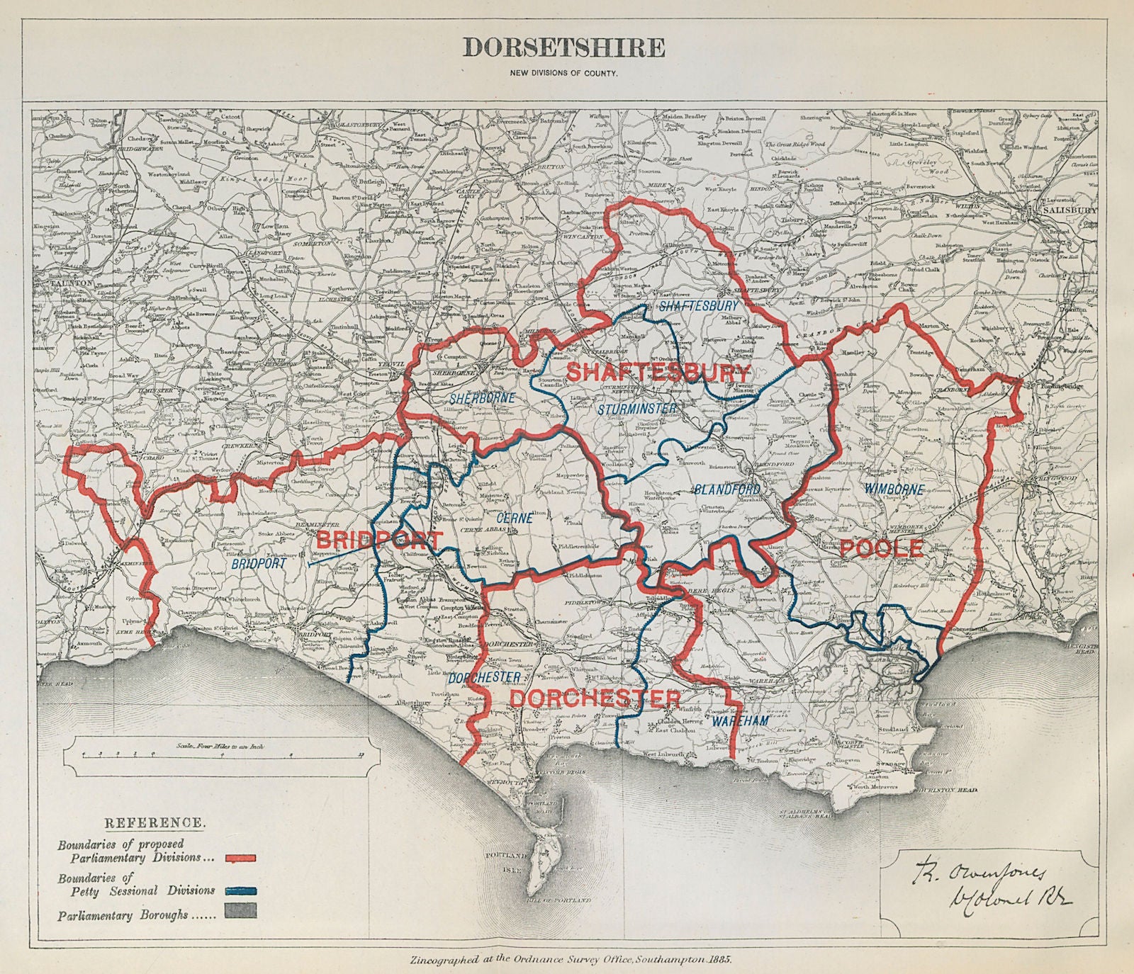 Dorsetshire Parliamentary Divisions. Bridport Poole BOUNDARY COMMISSION 1885 map